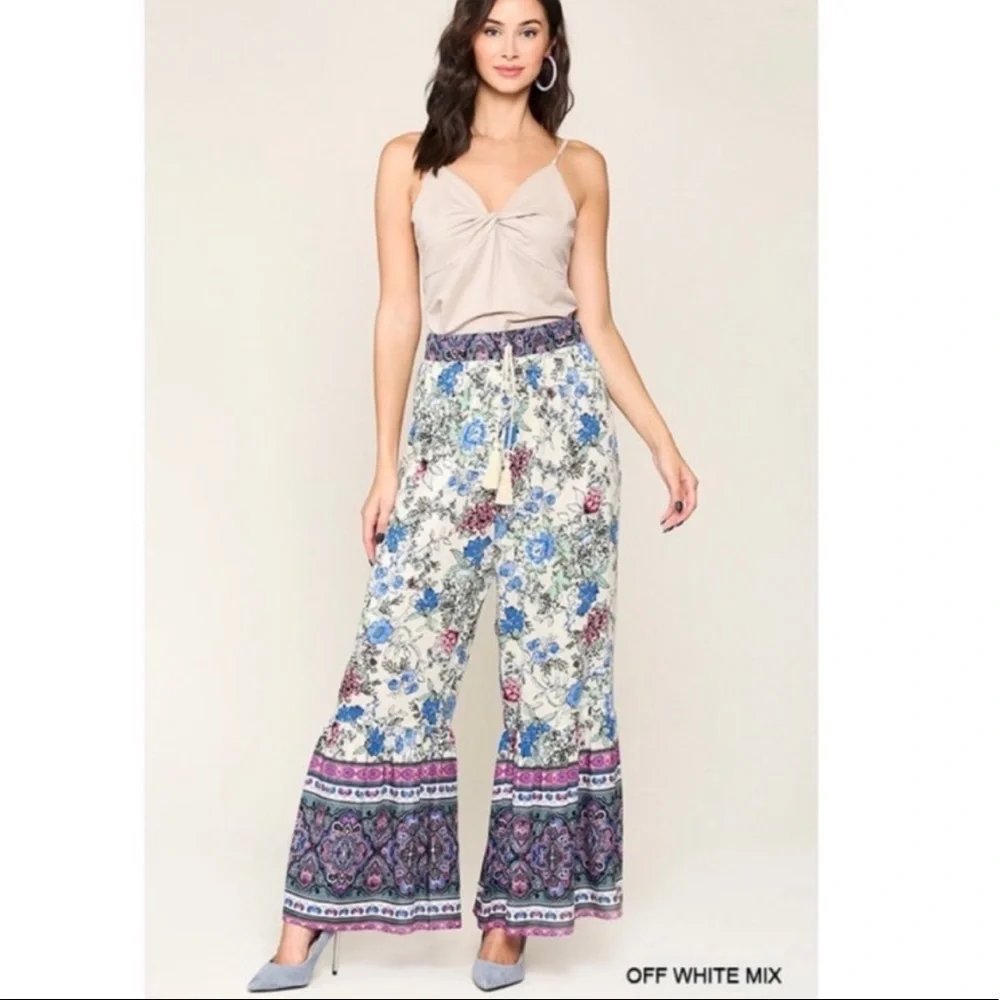 New! Sale 🔥Floral Boho Wide Leg Drawstring Tassels Tie Waist Ruffled Hem Pants - Picture 2 of 7